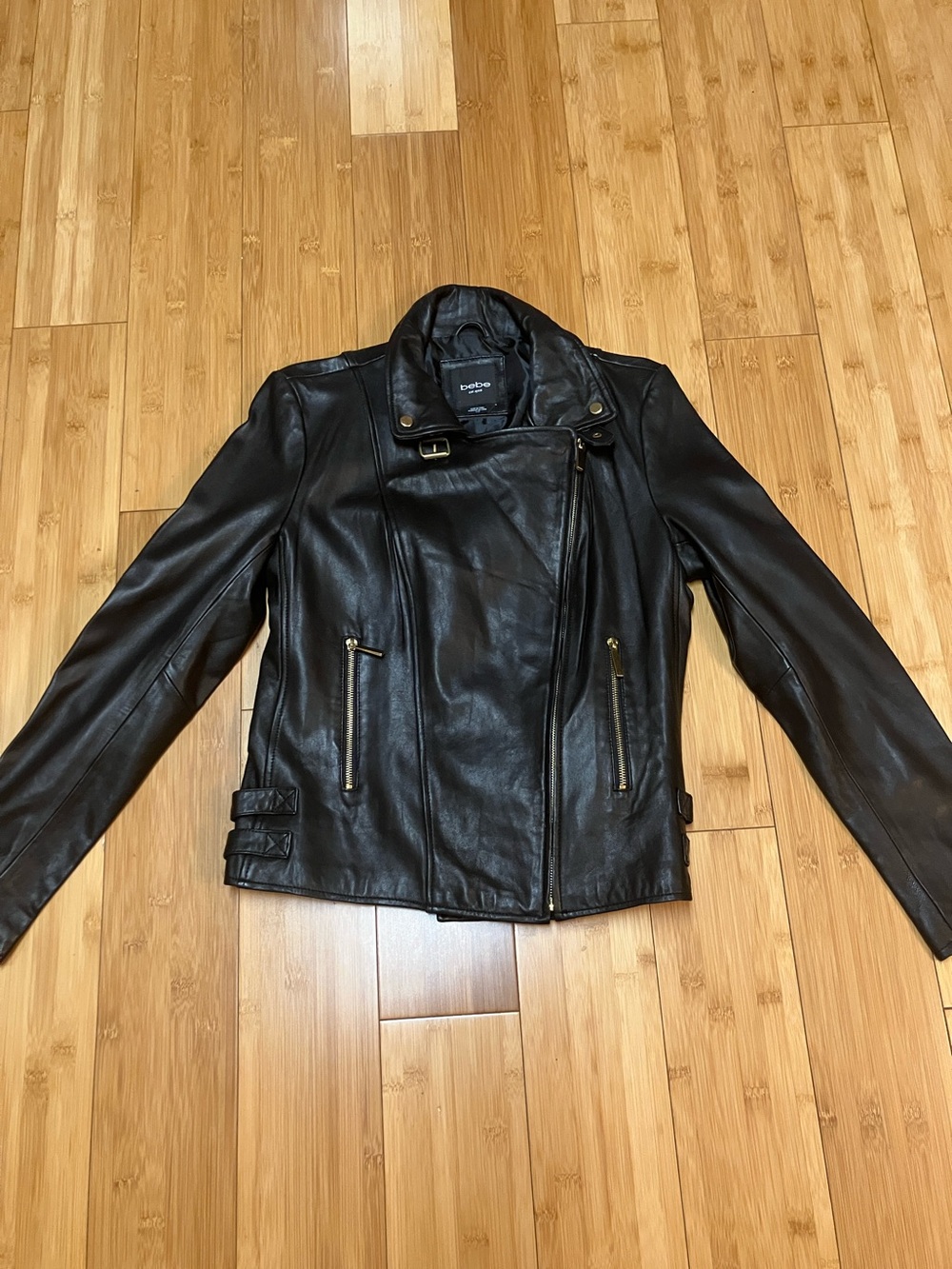 bebe Black Leather Asymmetrical Moto Jacket with Buckle Details